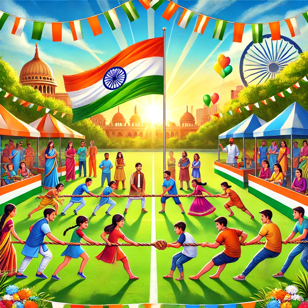 Indian children and adults playing tug-of-war at a vibrant Independence Day celebration